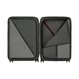 Open hard-shell suitcase with interior compartments and zippered sections.
