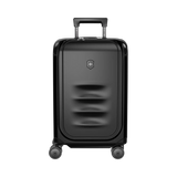 Black hardshell rolling suitcase with a retractable handle and four wheels.