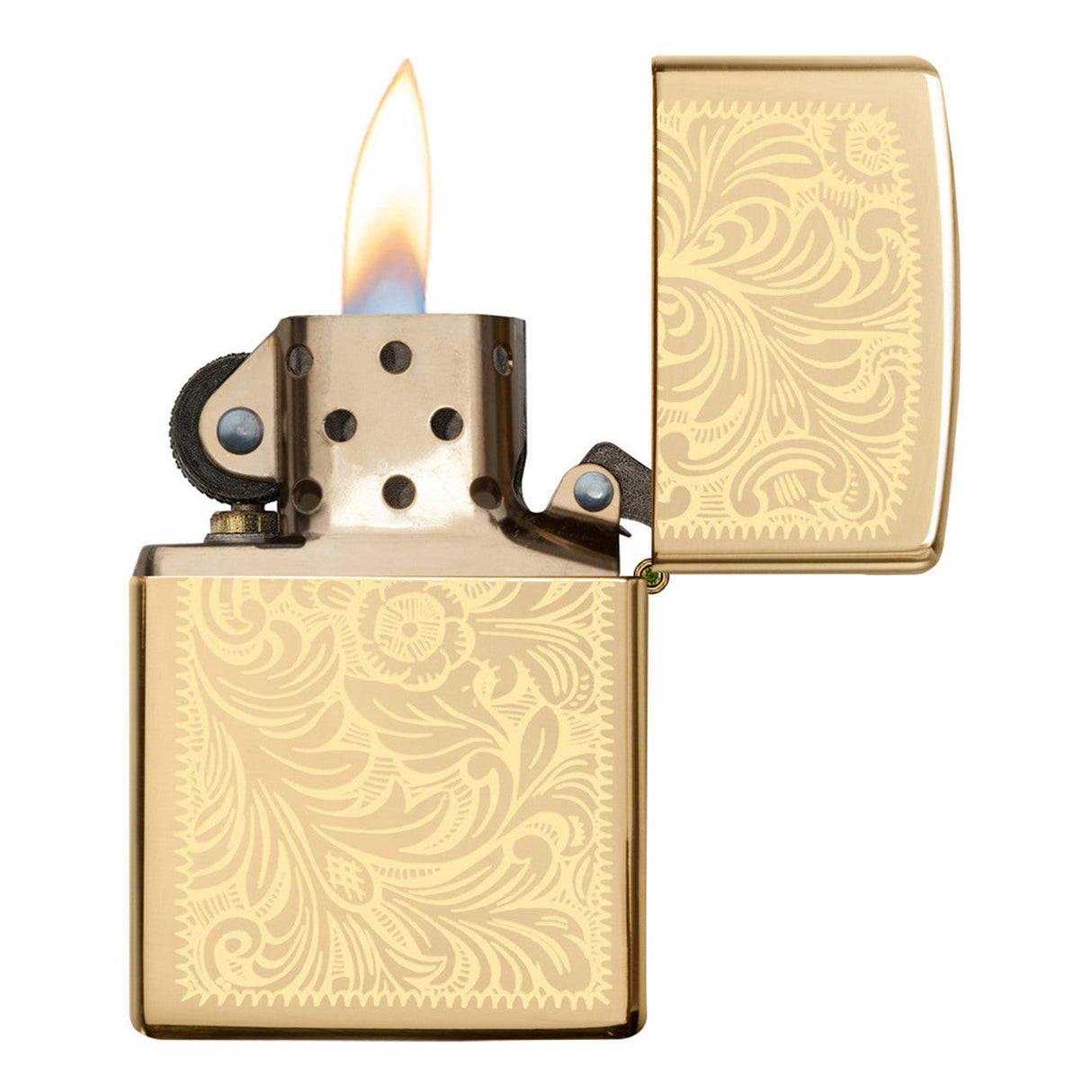 Gold-colored Zippo lighter with an ornate floral engraving pattern, shown lit with a flame.