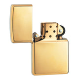 Gold-colored metal flip lighter with a polished finish.