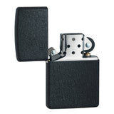 Black matte Zippo-style lighter with an open lid.