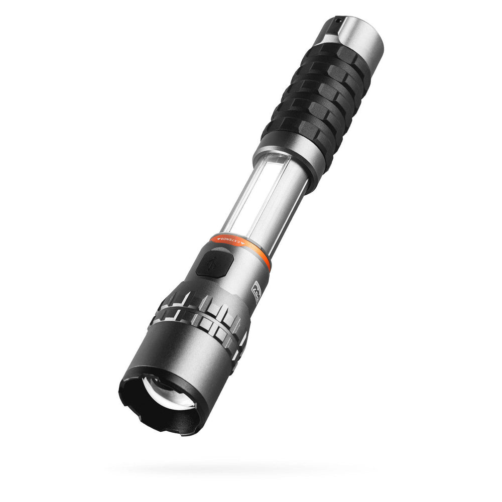 Handheld flashlight with a black and silver metallic body and adjustable focus.
