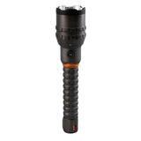 Black handheld flashlight with a textured grip and orange accent ring.