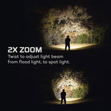 Flashlight demonstrating adjustable beam width from flood to spot light modes.