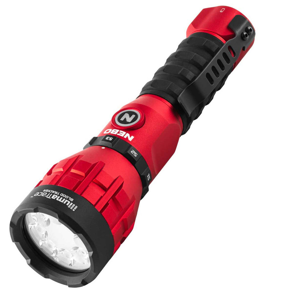 Red and black handheld LED flashlight with a textured grip.