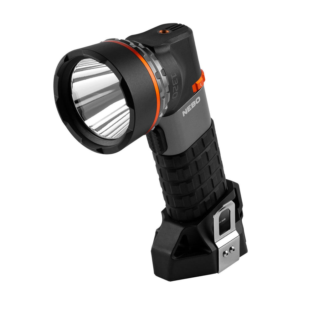 Handheld rechargeable LED flashlight with an adjustable head and ergonomic grip.