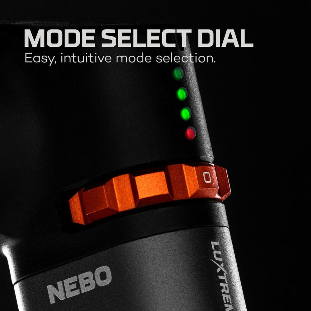 Flashlight with a mode selection dial featuring green and red indicator lights.