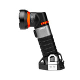 Angled flashlight with a textured grip and adjustable head.