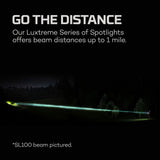 Powerful spotlight beam illuminating a long distance in darkness.
