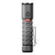 Cylindrical gray flashlight with a textured grip and orange accent.