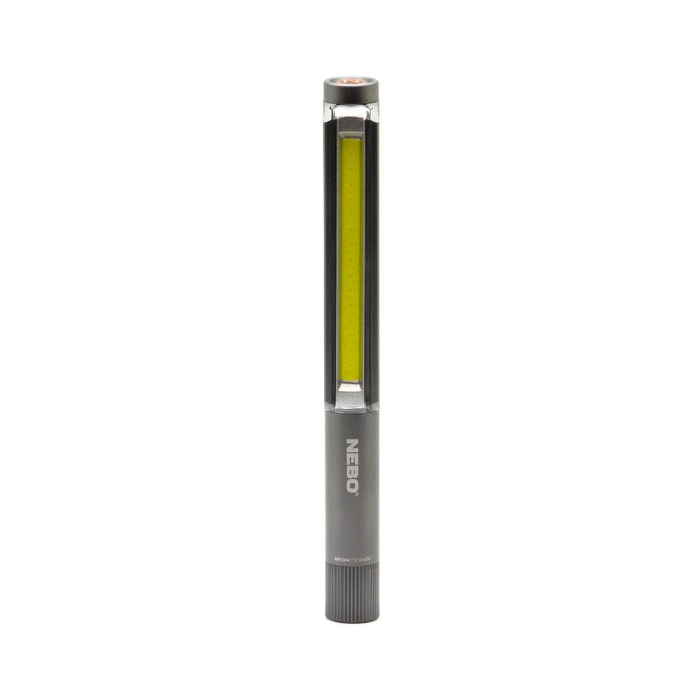 Slim, cylindrical flashlight with a long green illuminated strip.