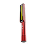 Red hair straightener with a metallic body and colorful plates.