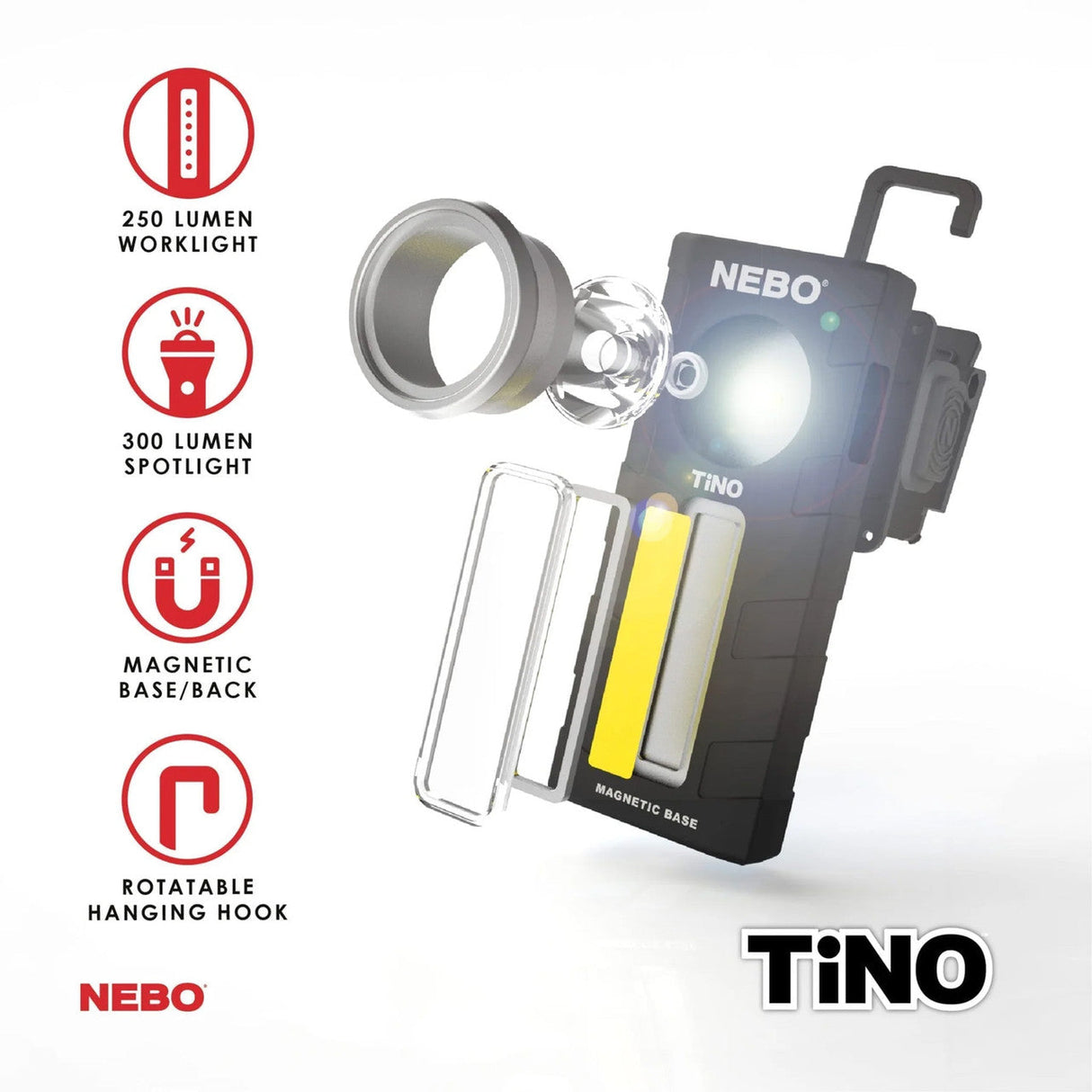 Compact multi-function flashlight with a spotlight, worklight, and magnetic base.