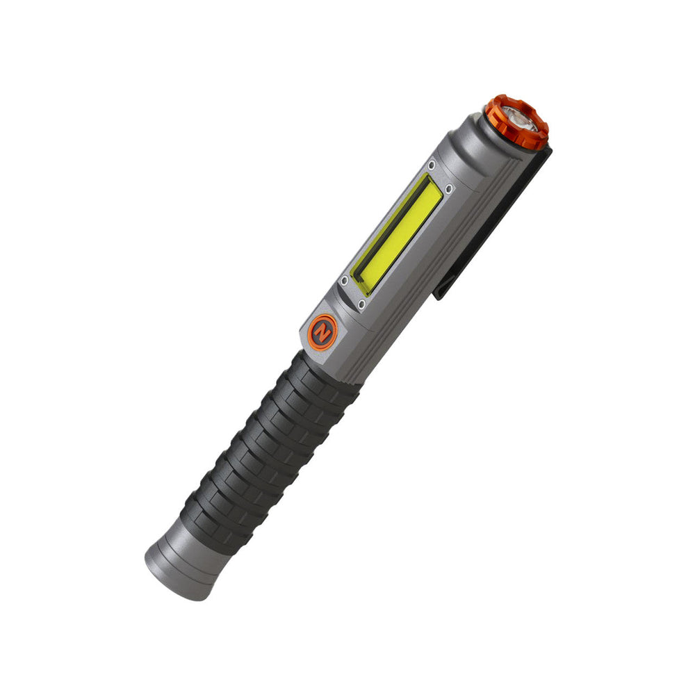 Multi-functional pen-shaped tool with a built-in LED light strip and clip.