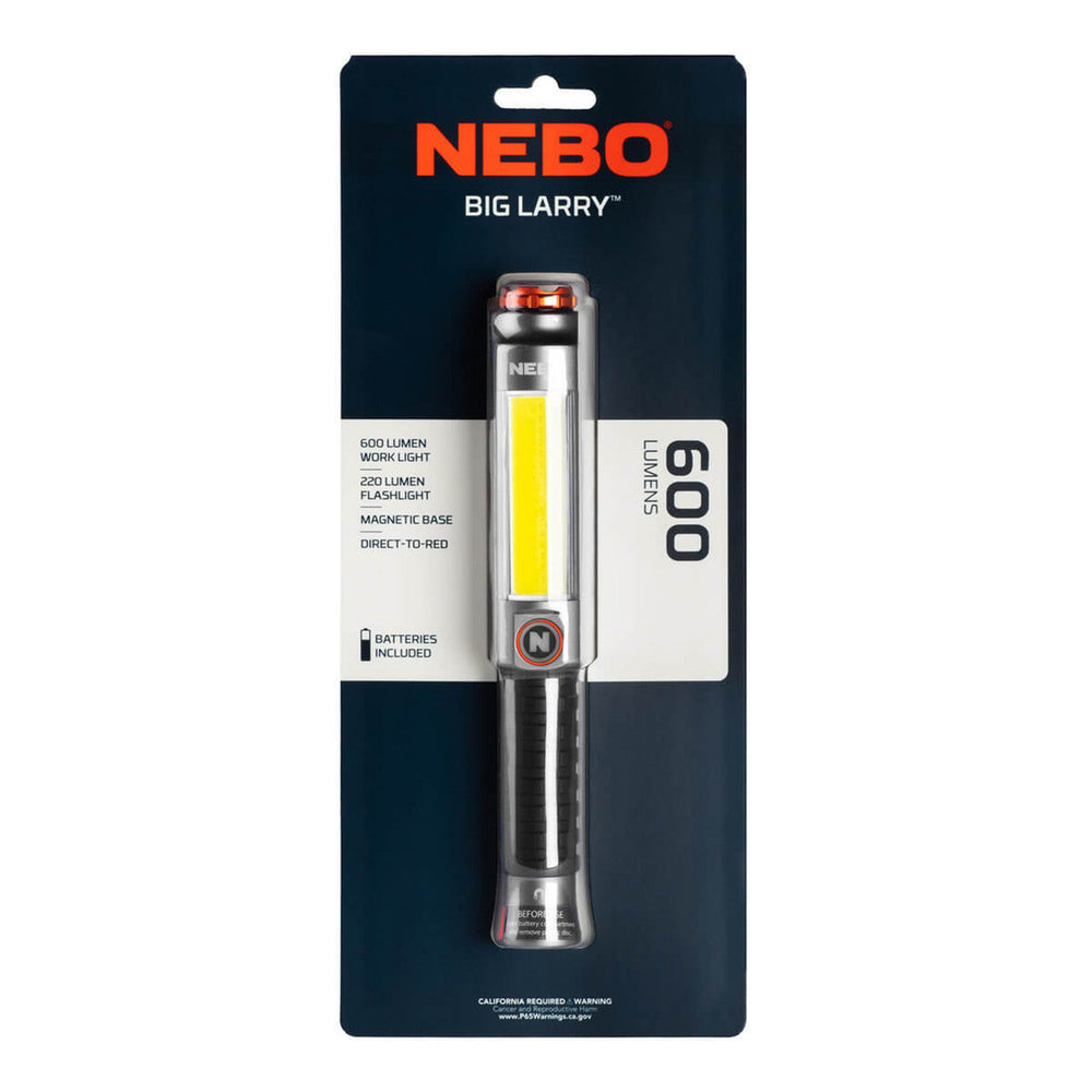 Handheld LED flashlight in retail packaging labeled ’NEBO BIG LARRY’.
