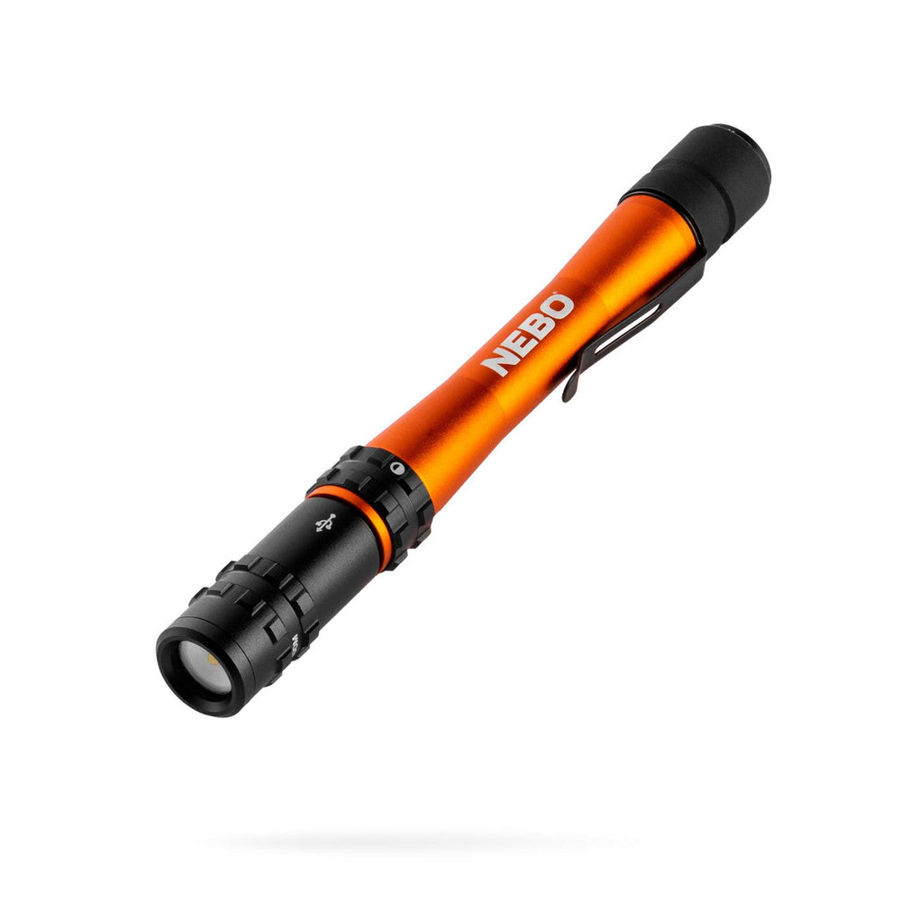 Orange and black pen-shaped flashlight with ’NEBO’ branding.
