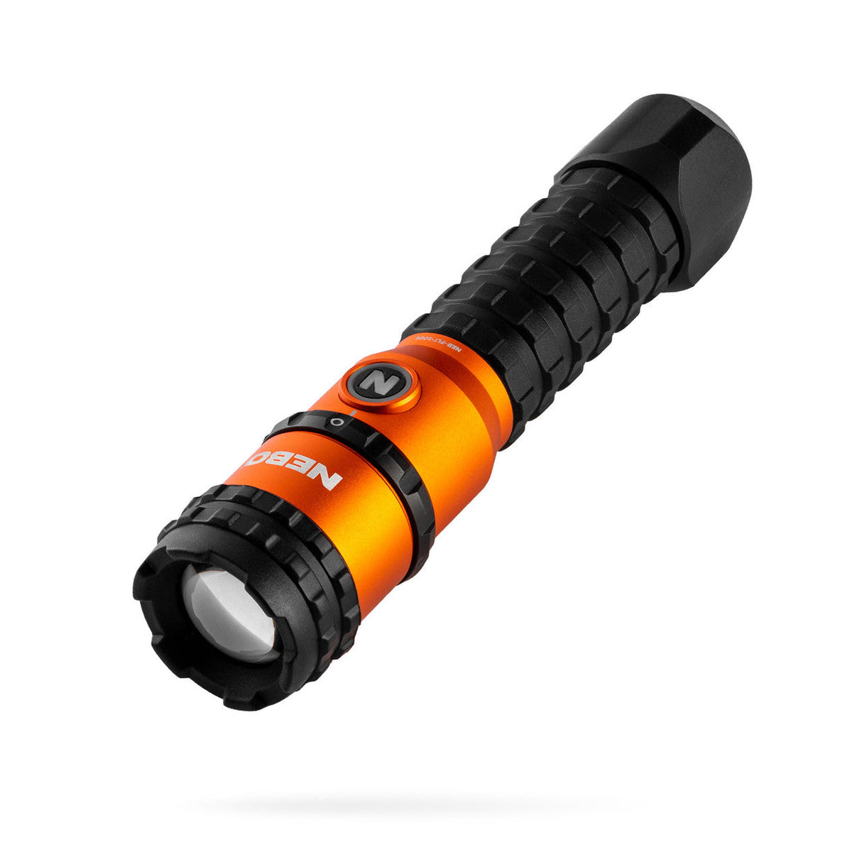 Handheld flashlight with a black body and orange accent band.