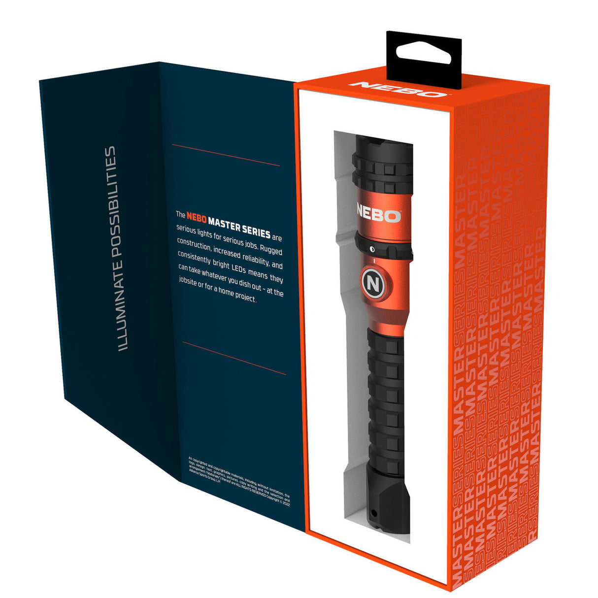 Flashlight packaging featuring a dark blue box and an orange product box with a visible flashlight inside.