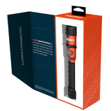 Flashlight packaging featuring a dark blue box and an orange product box with a visible flashlight inside.