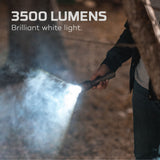 Extremely bright flashlight emitting 3500 lumens of brilliant white light.