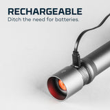 Rechargeable flashlight with a USB charging cable attached.