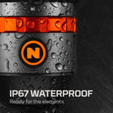 Waterproof electronic device or camera with an orange stripe and ’N’ logo, displaying water droplets on its surface.