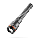 Tactical flashlight with a textured grip and adjustable focus.