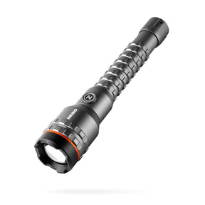 Tactical flashlight with a textured grip and adjustable focus.