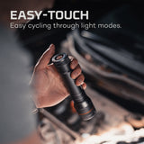 Handheld flashlight with ’EASY-TOUCH’ text overlay, emphasizing easy cycling through light modes.