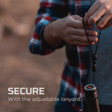 Adjustable lanyard attached to a cylindrical object, likely a water bottle or thermos.