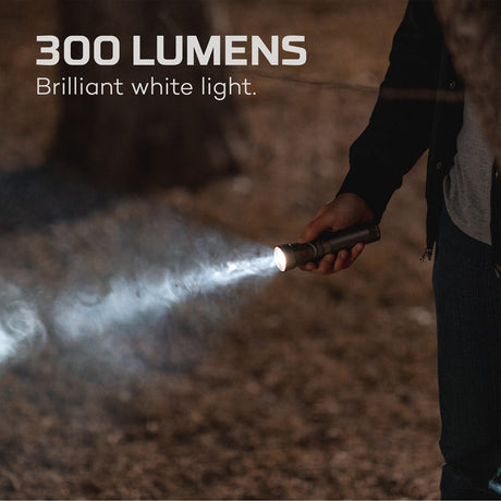 Flashlight emitting a bright beam of light in a dark environment.