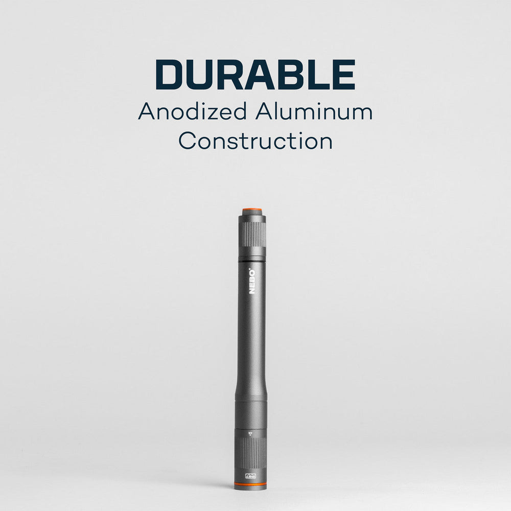 Sleek, cylindrical anodized aluminum flashlight or penlight with orange accents.