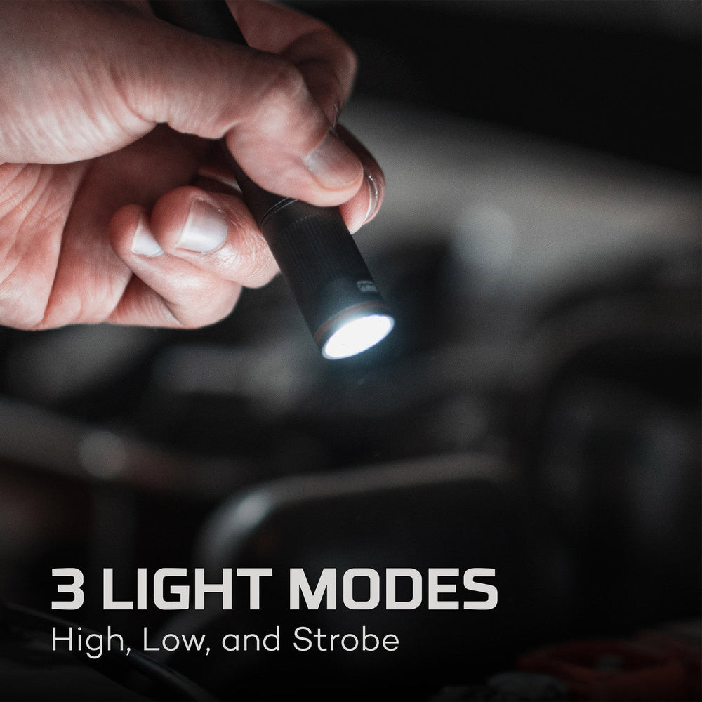 Flashlight with three light modes: high, low, and strobe.