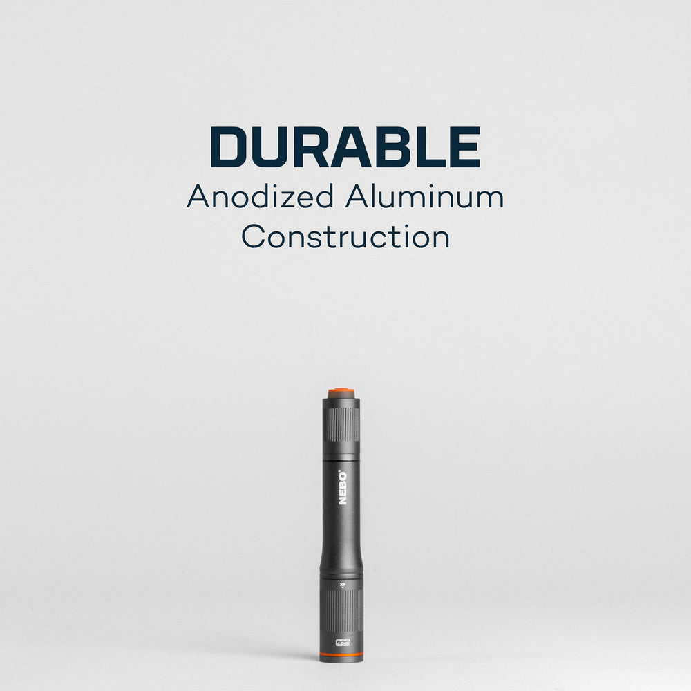 Sleek, cylindrical aluminum flashlight with orange accents.