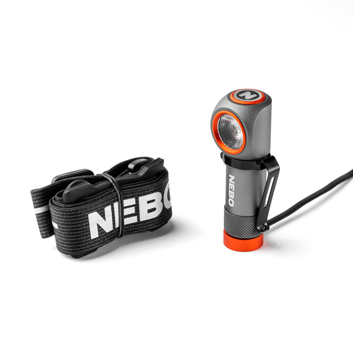 Compact, orange and gray flashlight with an adjustable head and attached headband strap.