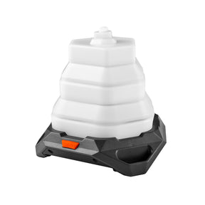 Collapsible white container with a lid sitting on a gray and orange base.