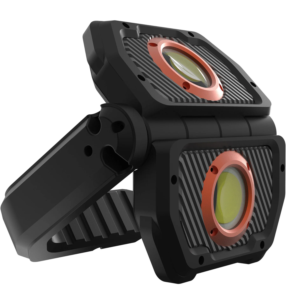 Compact, dual-headed LED work light with adjustable mounting clip.