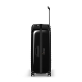 Black hardshell rolling suitcase with an extendable handle.