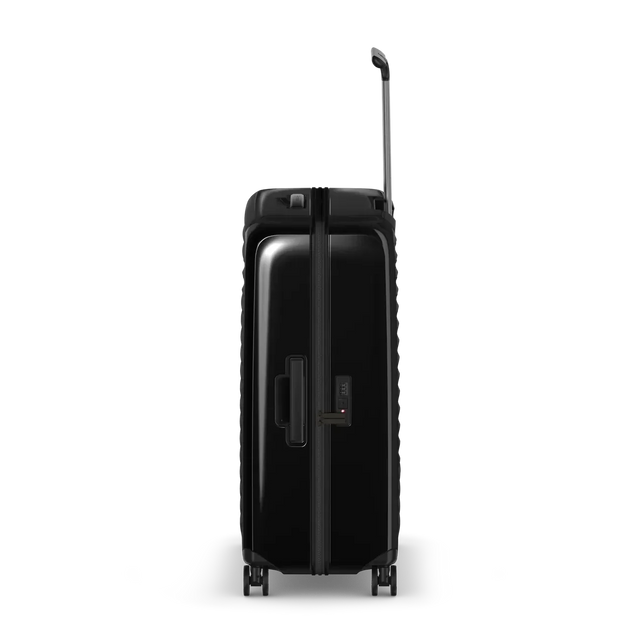 Black hardshell rolling suitcase with an extendable handle.