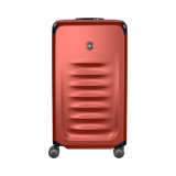 Red hardshell rolling suitcase with horizontal ridges and a logo emblem.