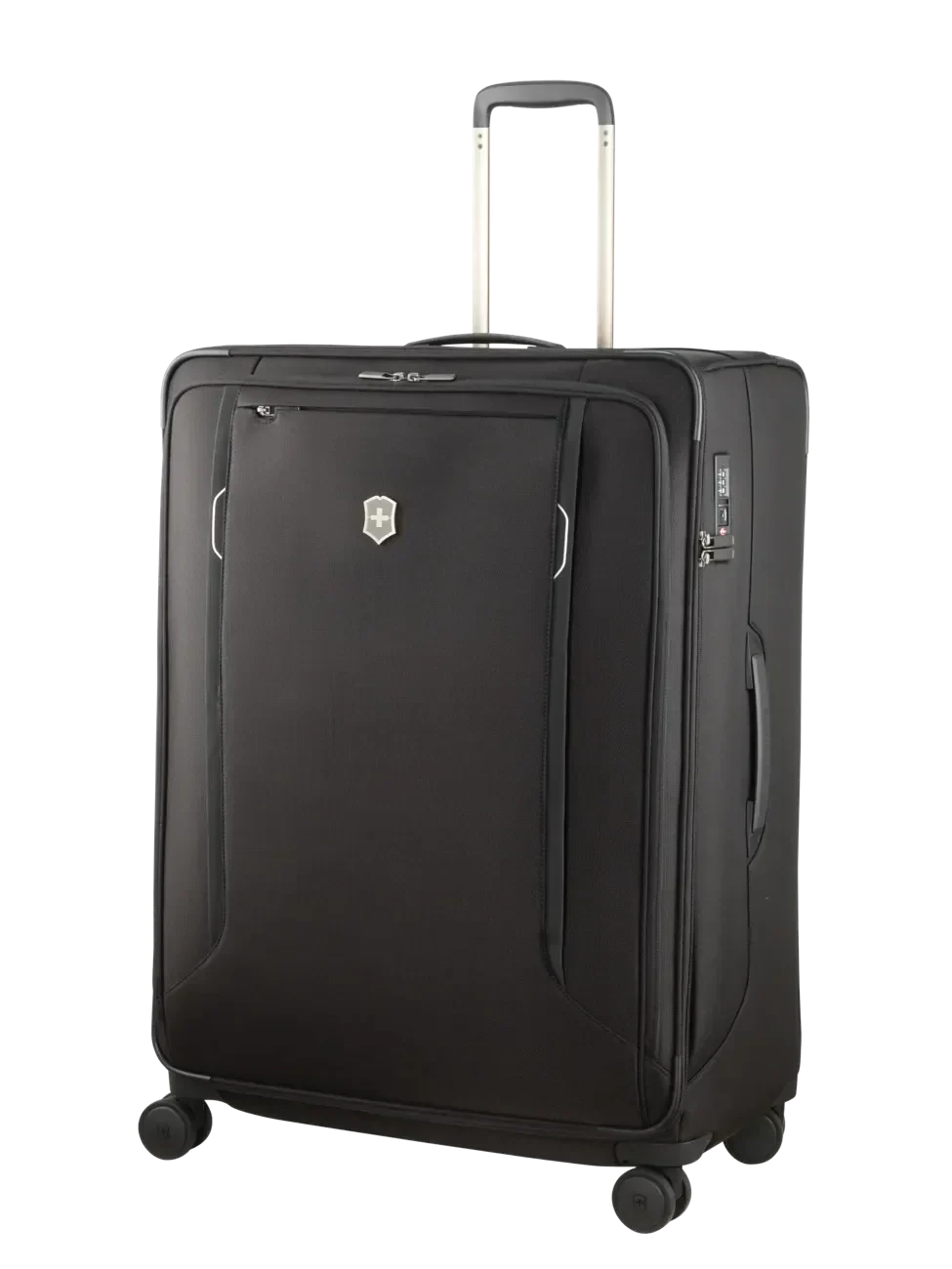 Black rolling suitcase with extendable handle and spinner wheels.
