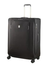Black rolling suitcase with extendable handle and spinner wheels.