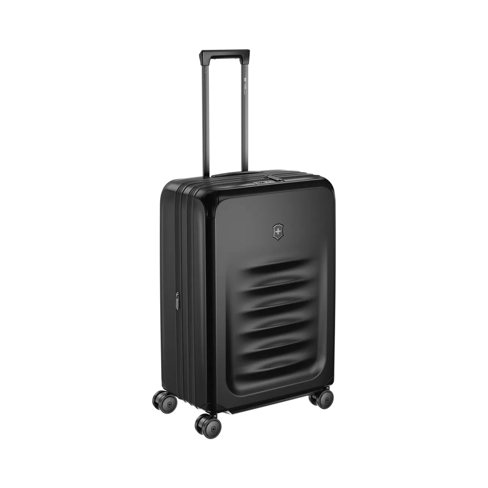Black hardshell rolling suitcase with a retractable handle and wheels.