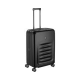 Black hardshell rolling suitcase with a retractable handle and wheels.