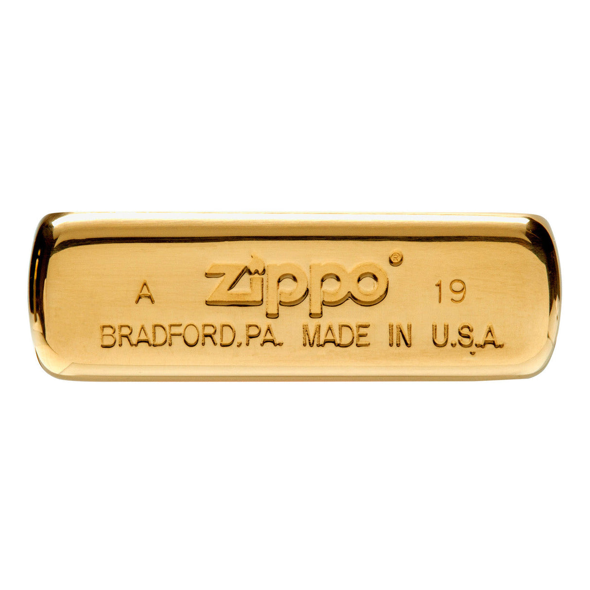 Gold-plated Zippo lighter bottom with engraved text.