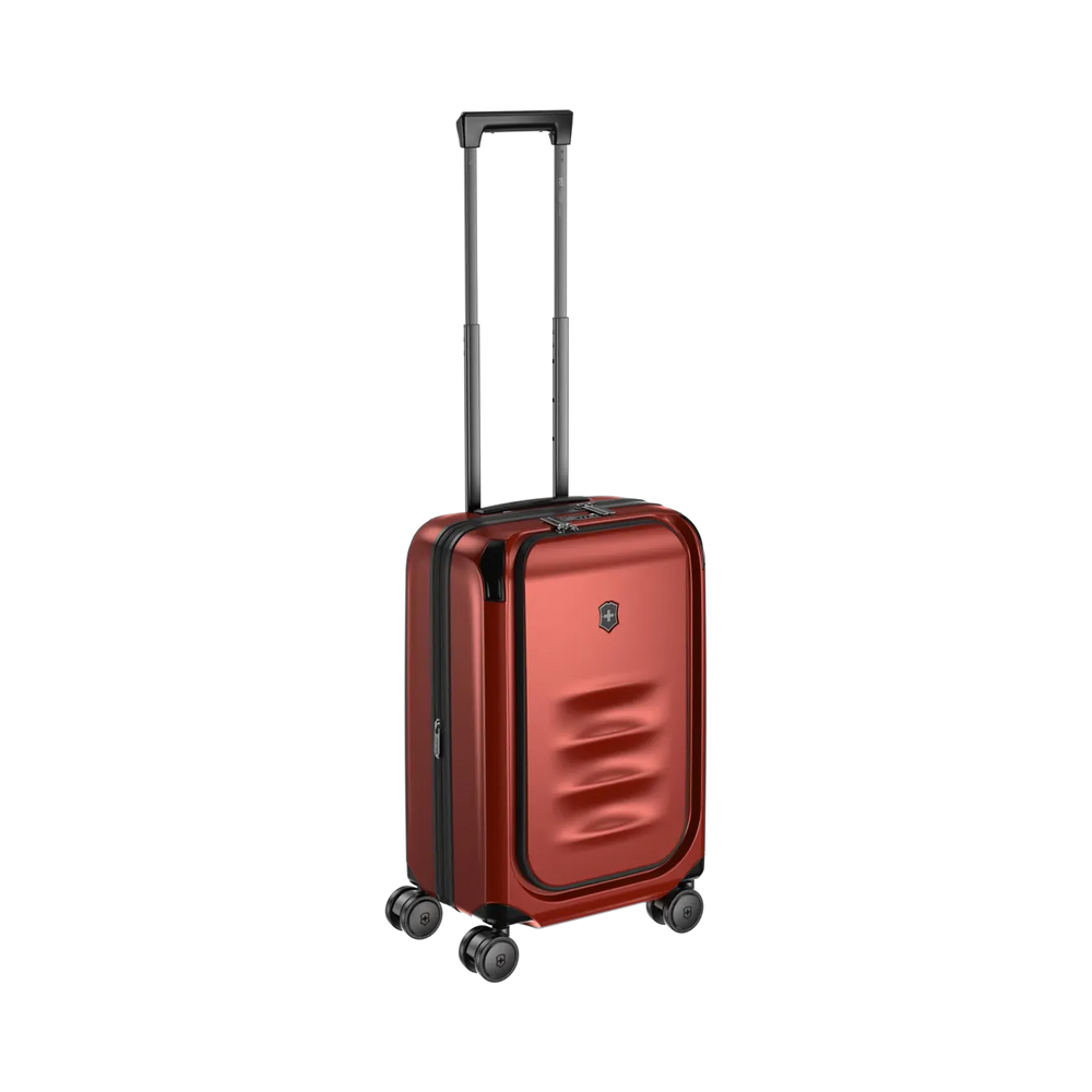 Red hardshell carry-on suitcase with telescoping handle and wheels.