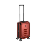 Red hardshell carry-on suitcase with telescoping handle and wheels.
