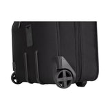 Black rolling suitcase with wheels and a handle.