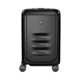 Black hardshell rolling suitcase with a Victorinox logo.