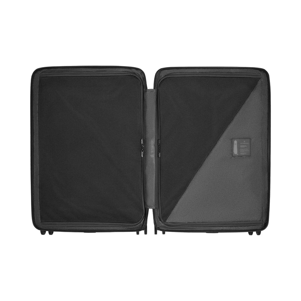 Open hard-shell suitcase with two compartments.